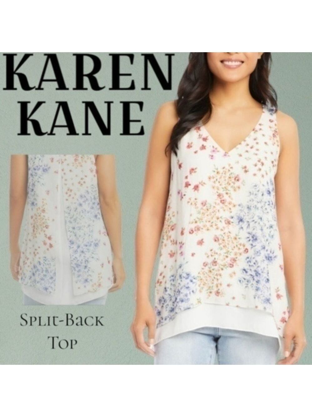 KAREN KANE Floral Print Split-Back Double Layer Sleeveless Viscose Tunic Top NWT
